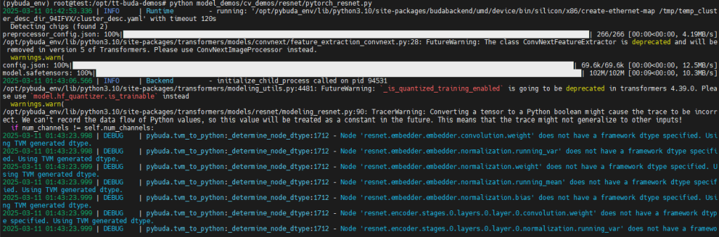 Running ResNet Model with TT-Buda on Tenstorrent hardware - Console Output